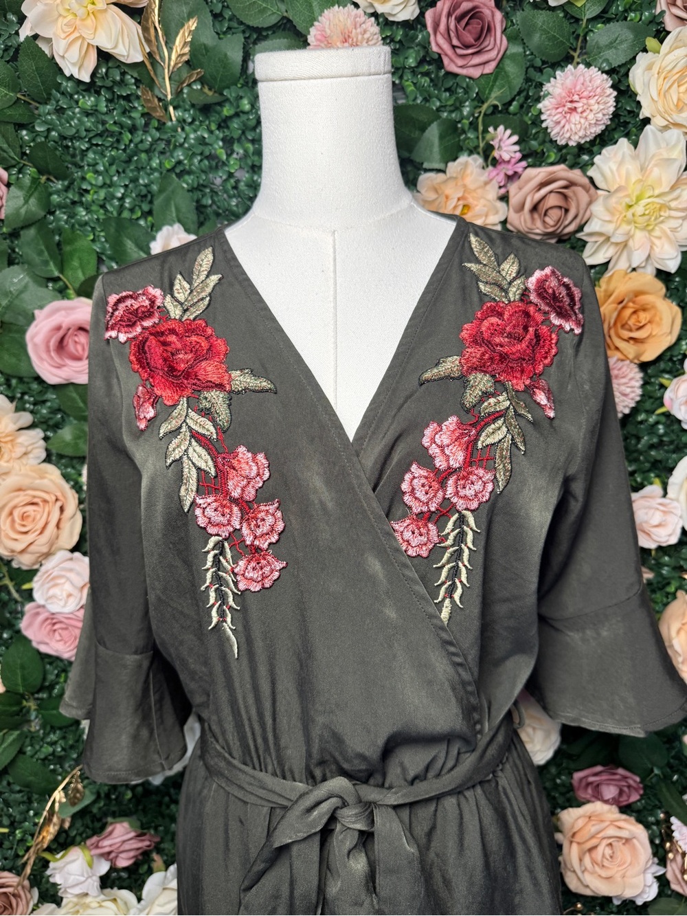 Olive Green Embroidered Wrap Romper - Picture 3 of 7